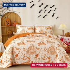 King Pumpkin Castle Quilt Set, Halloween Bedspread Bedding
