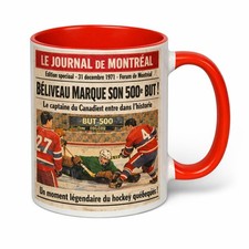 SOUVENIR  RED MUG NHL HOCKEY JEAN BELIVEAU SCORE 500 GOAL VS GILLES GILBERT 