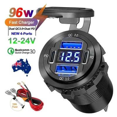 USB Car Charger Dual QC3.0+ PD Port With Voltmeter Outlet Socket for 12V Boat RV - image 1 of 4