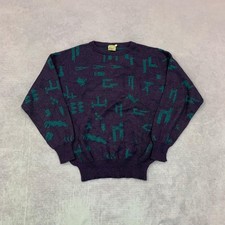 Vintage Knitted Jumper abstract patterned grandad knit sweater Men's L