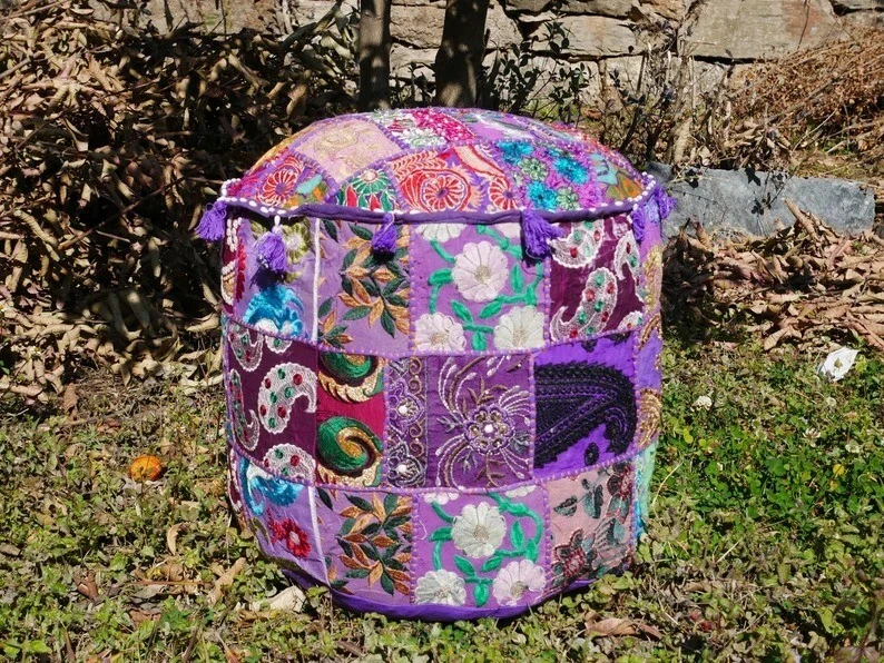 Indian Purple Round Pouffe Cover Vintage Cotton Footstool Ottoman Patchwork AU - Image 3 of 4