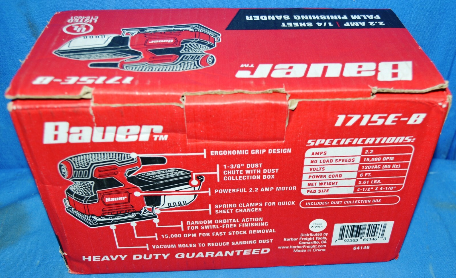 Bauer 2.2 Amp 1/4 Sheet Heavy Duty Palm Finishing Sander 1715EB Tool