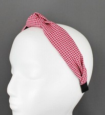 Red White turban knot headband plaid grid fabric covered band grip teeth