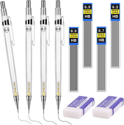 Druckbleistift 0,3/0,5/0,7/0.9 mm, 4 Tuben (48 Stück) Bleistiftmine HB Mienenble
