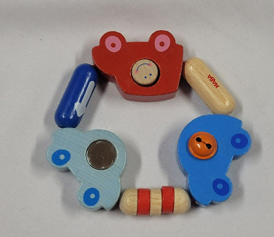 Haba Wood Wooden Baby Rattle Triangle Circle Toy Jingle Bell Car Blue Red Clutch
