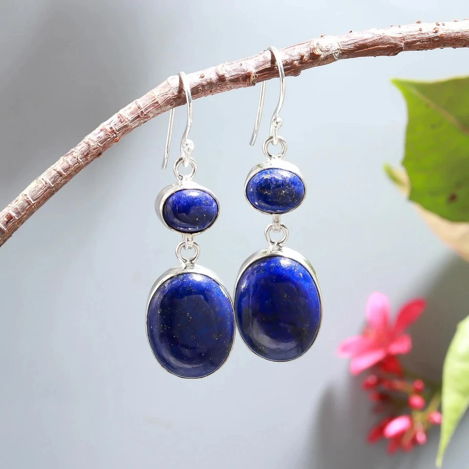 Orecchini Fatti A Mano In Argento Sterling 925 Con Gemma Di Lapis Lazuli AR-78 - Immagine 3 di 4