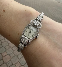 Vintage Mid Century Fancy Hamilton 14k White Gold & Round Diamond Watch Bracelet