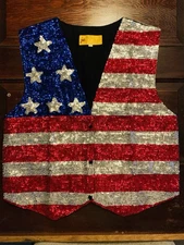 Vintage JC 001 USA Patriotic Stars & Stripes US Flag Sequin Vest Size Large