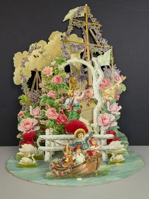 Extraordinary Antique German 3-D 1900's Pull Down Valentine Card Steamship Sails