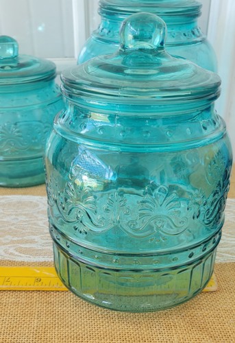 Set of 3 Pioneer Woman Teal Cassie Floral Glass Canisters Discontinued Pattern - Picture 12 of 14