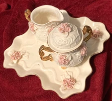 VTG 1960's Cracker Barrel Porcelain 4pc TeaSet-Sugar Bowl & Lid/Creamer/Tray-EUC