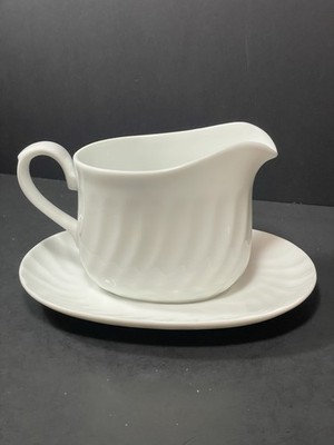 Corning Corelle White Swirl Enhancements Gravy Boat and Underplate 81-TY