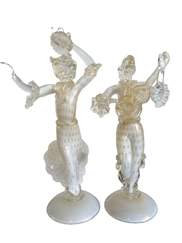 Pair of Mid-Century White and Gold Murano Glass Flamenco Dancers Figurines