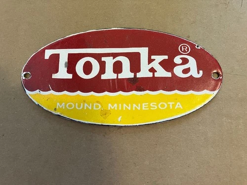 Vintage Porcelain Tonka Sign Mound Minnesota 4" X 8"