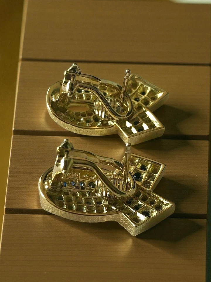 14K Yellow Gold Diamond & Blue Sapphire Ribbon Earrings Vintage Design, 3Ct - Image 3 of 4