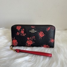 Coach Accordion Zip Black Red Rose Floral Pebbled Leather Wallet Excellent