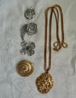 Vintage Crown Trifari lot, 5 pieces, necklace/4 brooches, gold tone, silver tone
