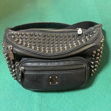 MCM Sling Bag Spike Studs Leather Black Crossbody Waist Bag Used Japan