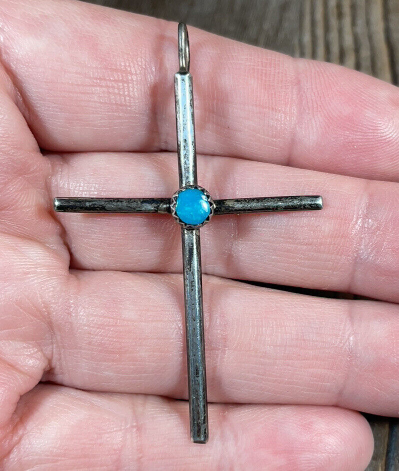 Sterling Silver & Turquoise Vintage Cross Pendant… - image 7
