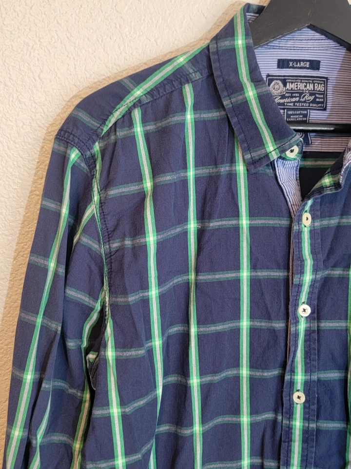 Camisa masculina American Rag Cie flanela botão para cima XL manga longa colar xadrez azul - Imagem 2 de 4