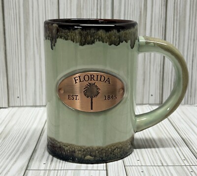 Commemorative Coffee Mug Florida Copper Plate Green Drip Glaze 15 oz