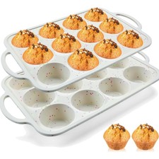 2Pack Silicone Muffin Pan for Baking with Metal Reinforced Frame, 12 Cup Regu...