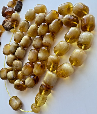 Natural Baltic Amber Milky White 89g. Islamic Prayer Rosary Barrel 33 Beads