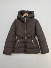 Puffit Chocolate Brown Belted Puffer Jacket HoodedQuilted Coat Size M