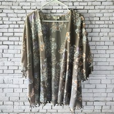 UMGEE Open Front Cardigan Boho Kimono Gray Floral Tassel Pom Pom Womens M/L