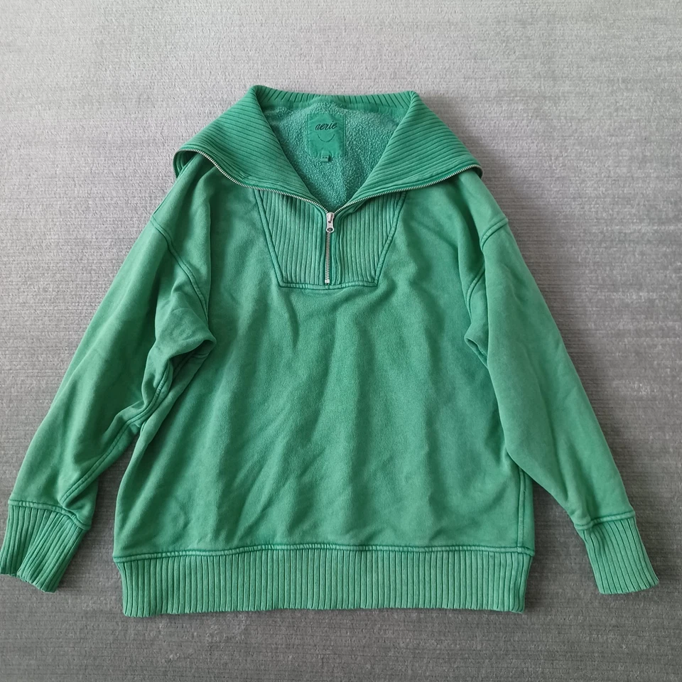 Aerie Sweater Women M Green 1/4 Zip Casual Crew Oversized Collar Boyfriend - Image 2 of 4