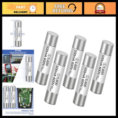 5x20mm Ceramic Fuse 500mA 600V AC - Fast-Acting Replacement for Multimeters (5 p