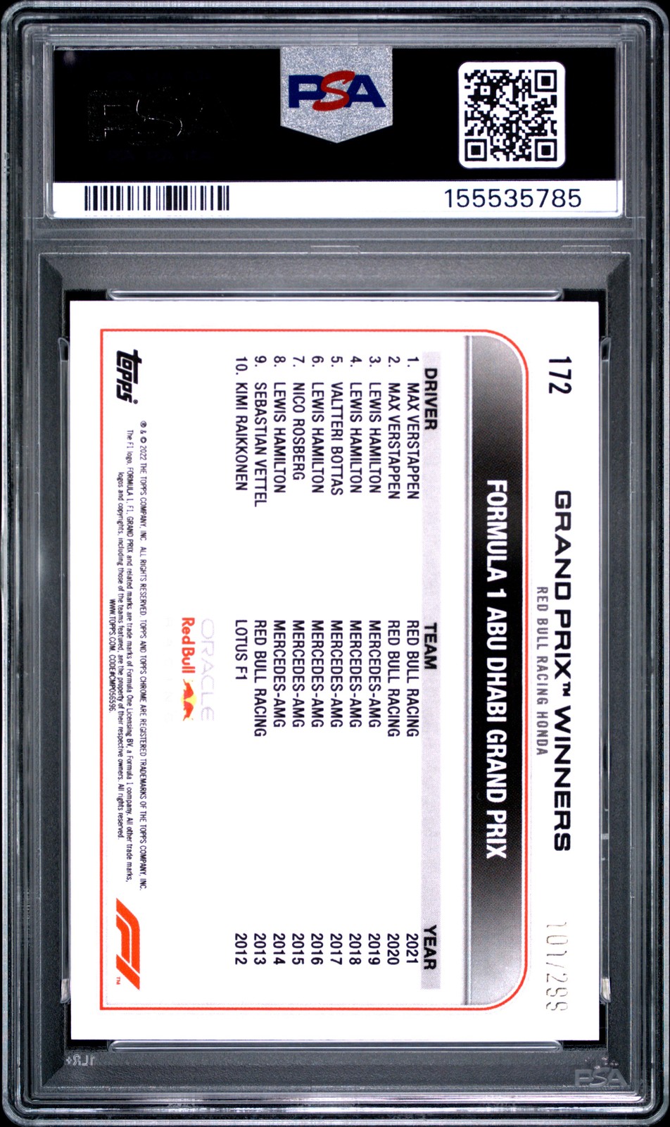 2022 TOPPS CHROME FORMULA 1 #172 MAX VERSTAPPEN 101/299 PSA 10 view 2