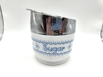 Vtg. Gemco Blue/White Milk Glass Sugar Dish, Metal Lid