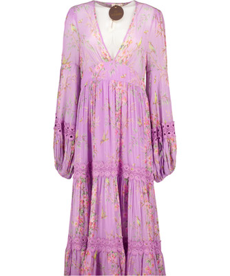 ByTIMO Maxikleid Flieder Lila Blumenmuster Stufen Georgette UK L