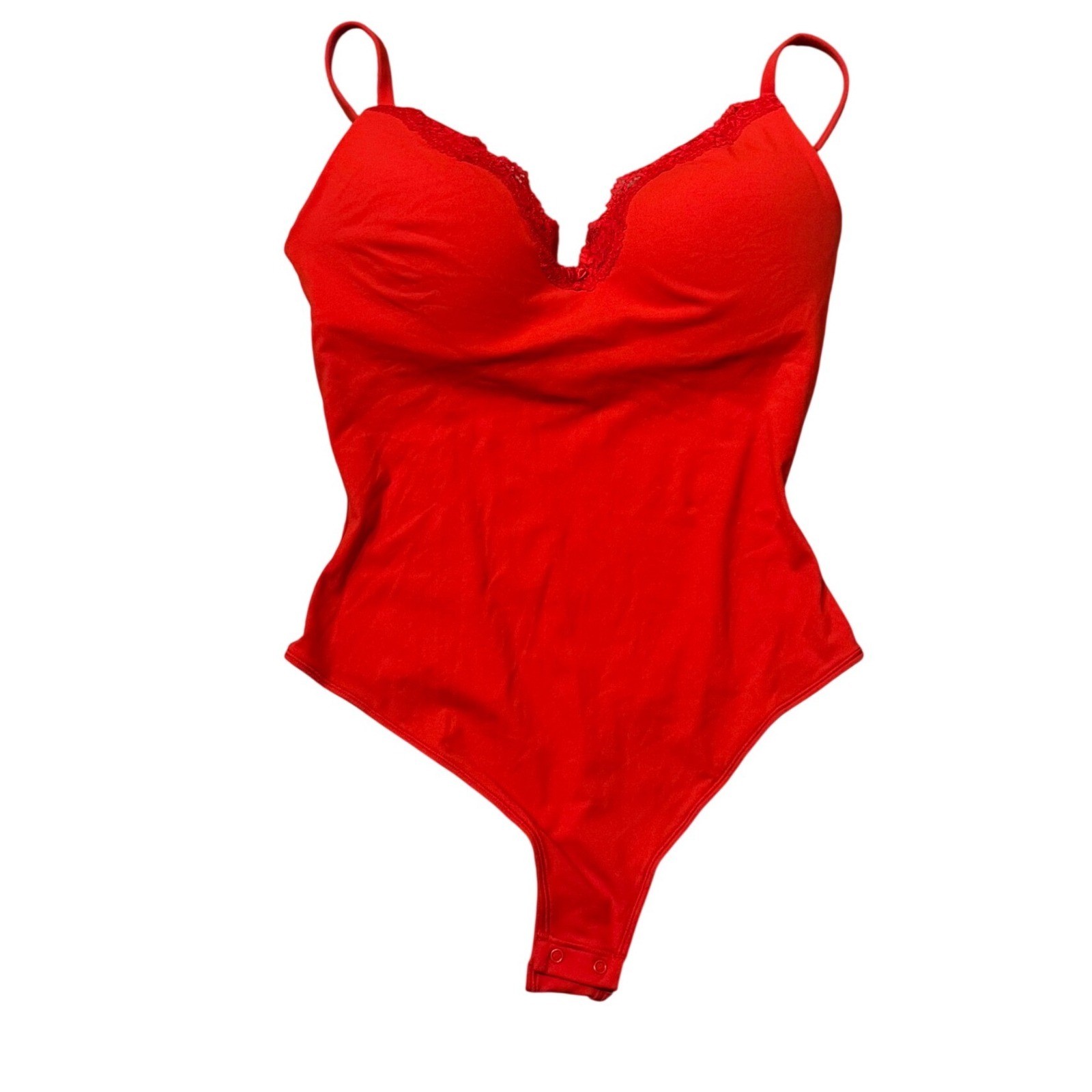 SKIMS Fits Everybody Lace Push Up Thong Bodysuit Cayenne Red Size M