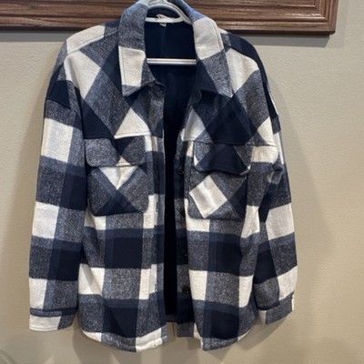 Hem & Thread Women's Plaid Button Jacket Navy White Gray Mid-Length Collared L