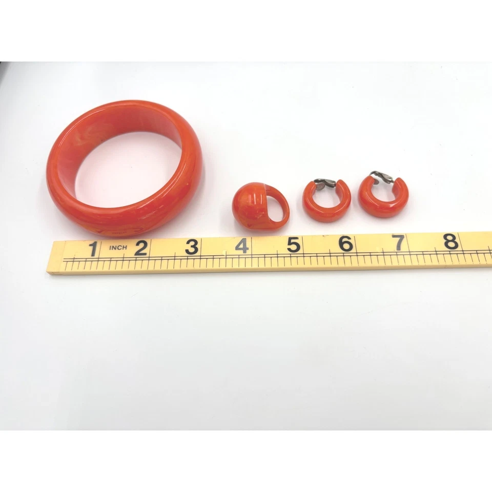 Vintage Orange LUCITE Bangle Ring Clip Earrings Jewelry Set Retro Mod - Image 2 of 4