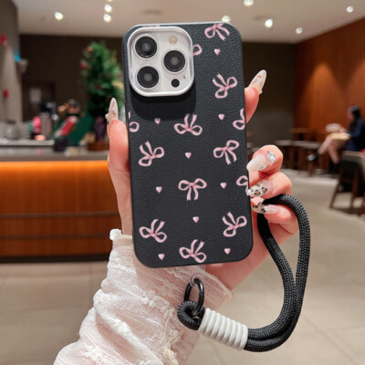 For iPhone 16 Pro Max 15 14 13 12 11 Cute Bow Pattern Lanyard Soft Case  Cover