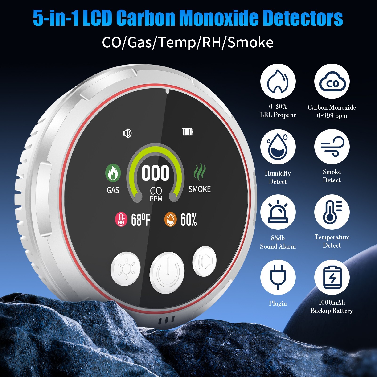 Portable 5-in-1 Carbon Monoxide,Smoke & Gas Alarm–HD Display, Home & Travel Use