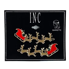 Santa and Reindeer Hair Barrette Set Green Red and Clear Rhinestones Gold-Tone