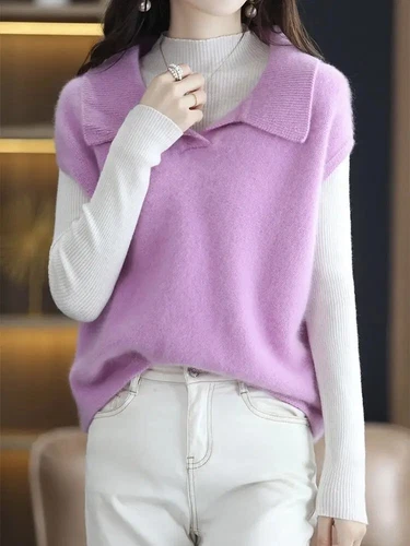 Stylish Turn-down Sweater Vest Casual Sleeveless Autumn Winter Female Clothing - Picture 12 of 27