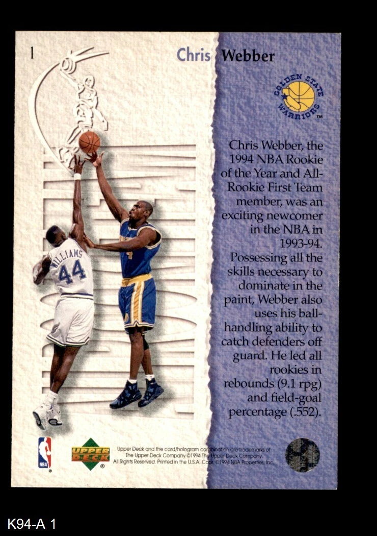 1994 Upper Deck # 1 All-Rookie Team Chris Webber Golden State Warriors (Basketball Card) NM/MT Warriors Michigan : פריטי אספנות ואמנות