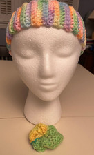 Women's Multi-Color Acrylic Hand Crocheted Headband Ear Warmer Scrunchie Set