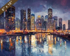 Chicago skyline with reflection oil painting 8x10 Print