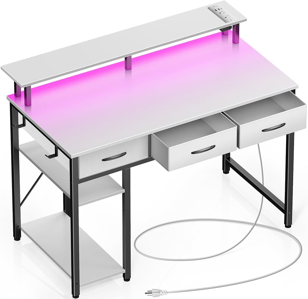 Computer Desk with Power Outlets & LED Light, 39 Inch Home Office Desk with 3 Dr-image