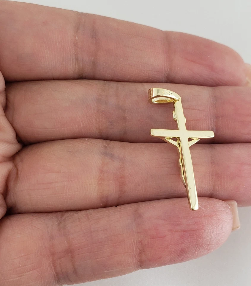 固体 925 纯银 14K 镀金小号耶稣基督十字架吊坠 — 第 2/2 张图片