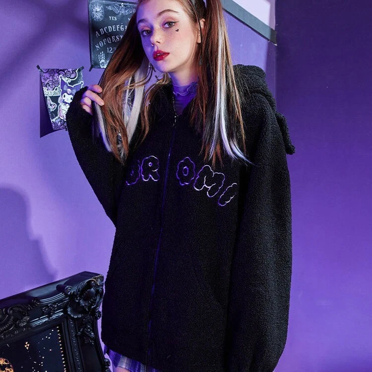 KUROMI Devil Black Fleece Hooded Sweatshirt Zipper Jacket Causual Coat Tops Girl - Image 3 of 4