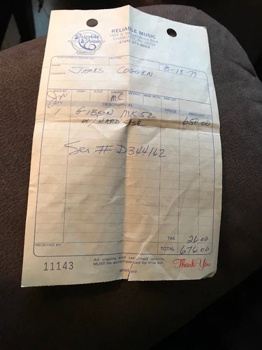 Gibson Vintage Receipt MK 52 From 1979