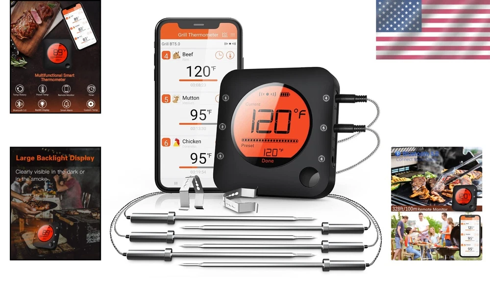 Digital Meat Thermometer Wireless - 6 Probes, Alarm Function, Kitchen Essential Digital Meat Thermometer Wireless - 6 Probes, Alarm Function, Kitchen Essential