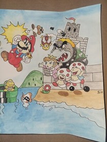 Super Mario Bros. Watercolor Painting Fan Art Recreation Famicom Cover Mario 